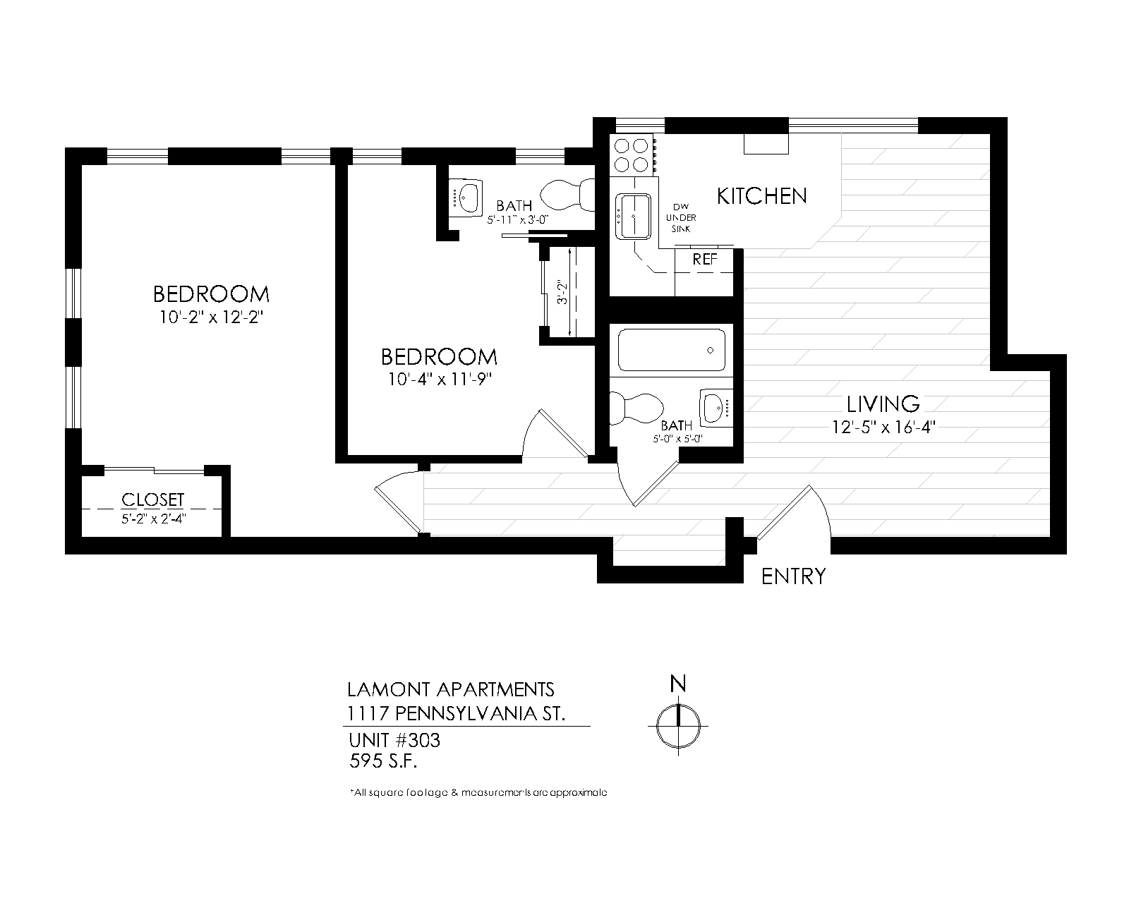 Floor plan for 2 beds, 1.5 baths, 595 sqft